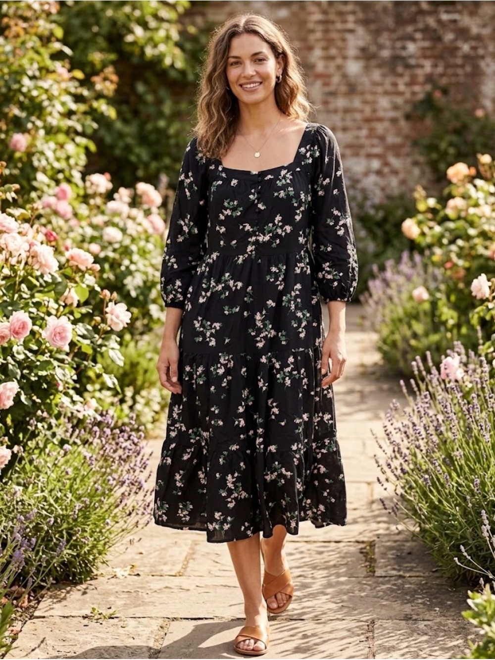 Old Navy Black Floral Long-Sleeve Tiered Midi Dress with Pink Blossoms